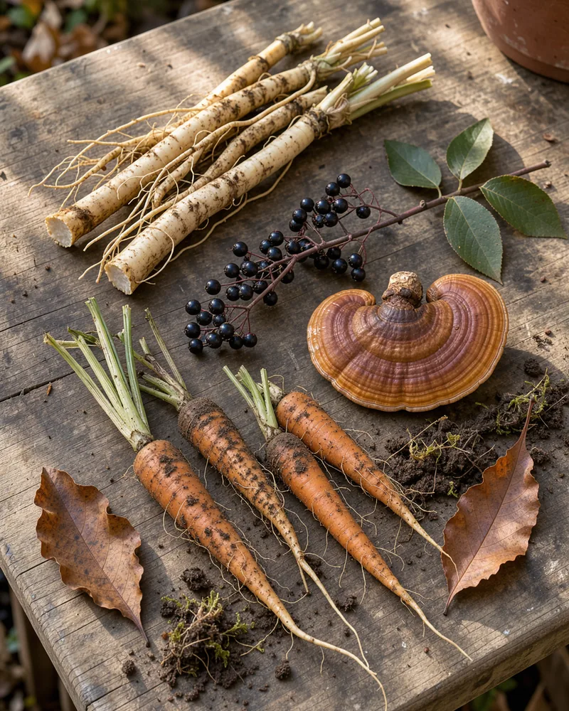 Astragalus roots, reishi, elderberries and carrots in autumn light