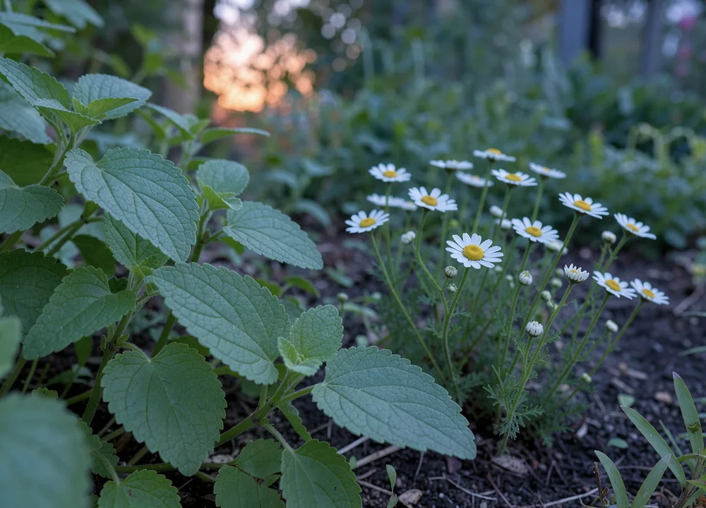 Lemon balm and chamomile in a garden at dusk
