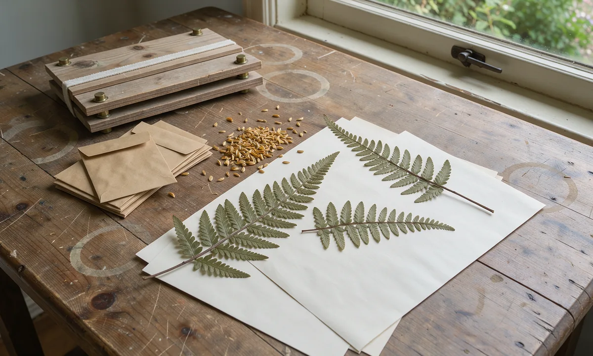 Pressed fern fronds and blank seed envelopes on a sunlit wooden garden table