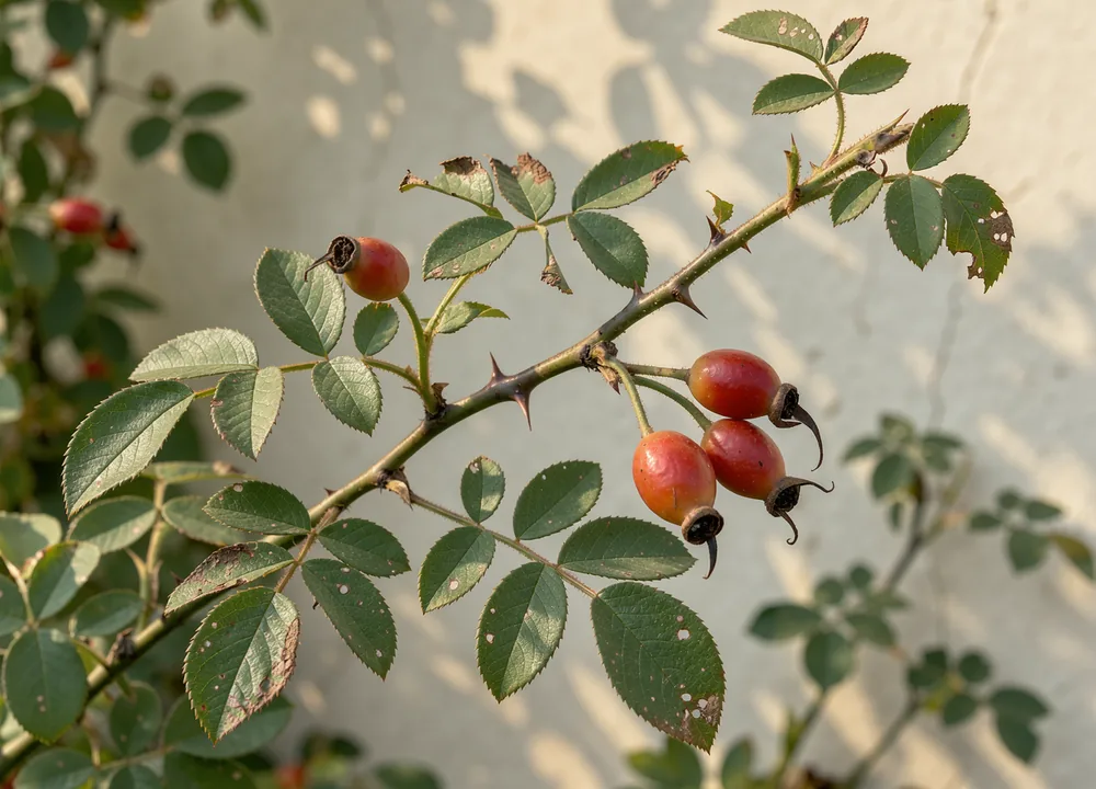 Red rosehips and green leaves along a sunlit branch