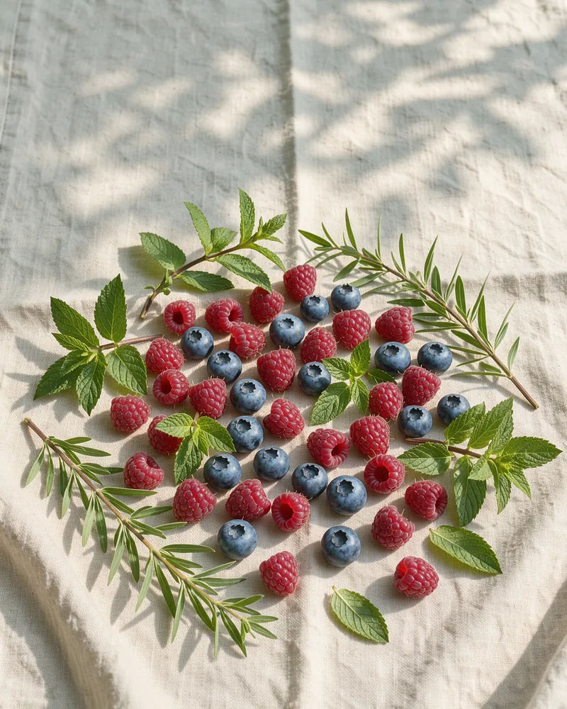 Raspberries and fresh mint resting on linen in summer sunlight