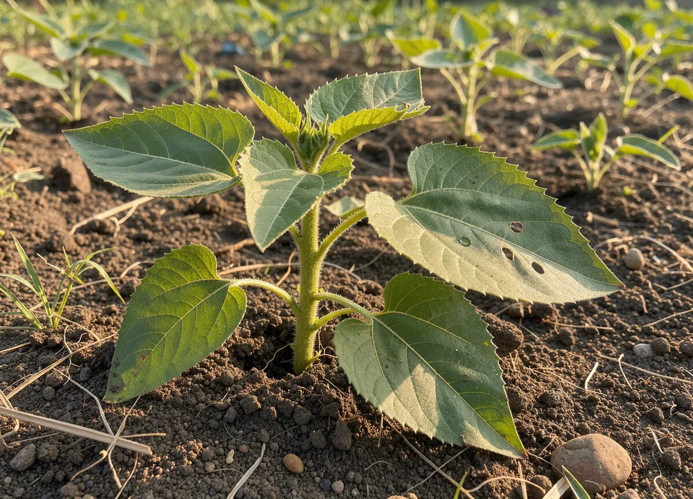 Sunlight passing through the broad green leaves of a young sunflower