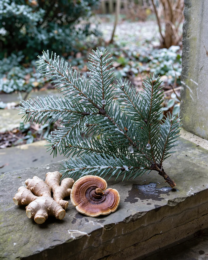 Frosted evergreen foliage beside warming roots and a reishi mushroom